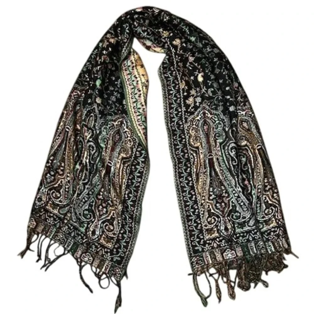 Jamawar Paisley Floral Pashmina Blend Scarf‎ Fringed Shawl Wrap 64x28 Boho Soft